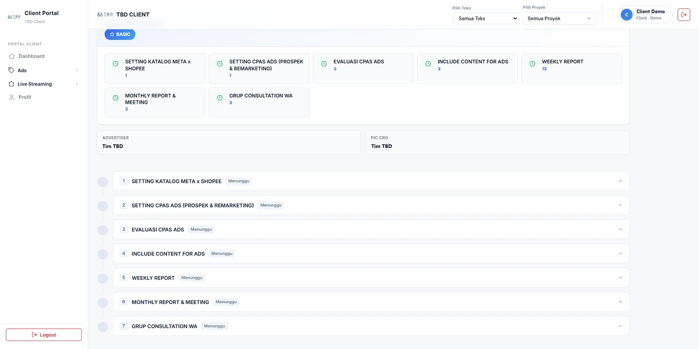 Tampilan dashboard TBD Client: ringkasan pekerjaan dan timeline proyek klien