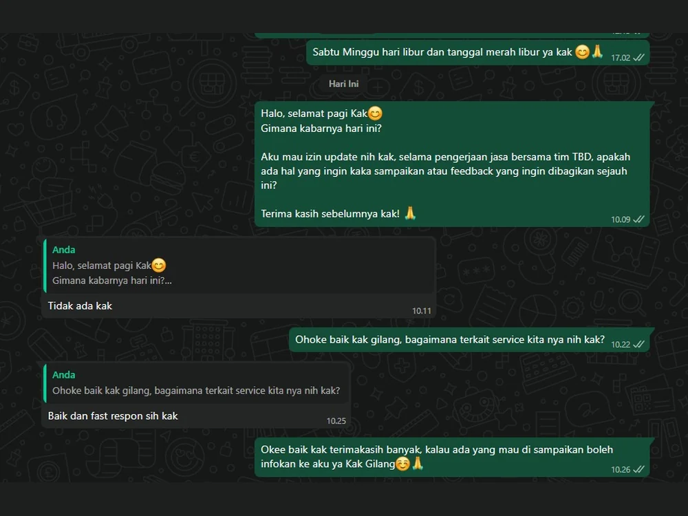 Tangkapan layar percakapan WhatsApp dengan klien
